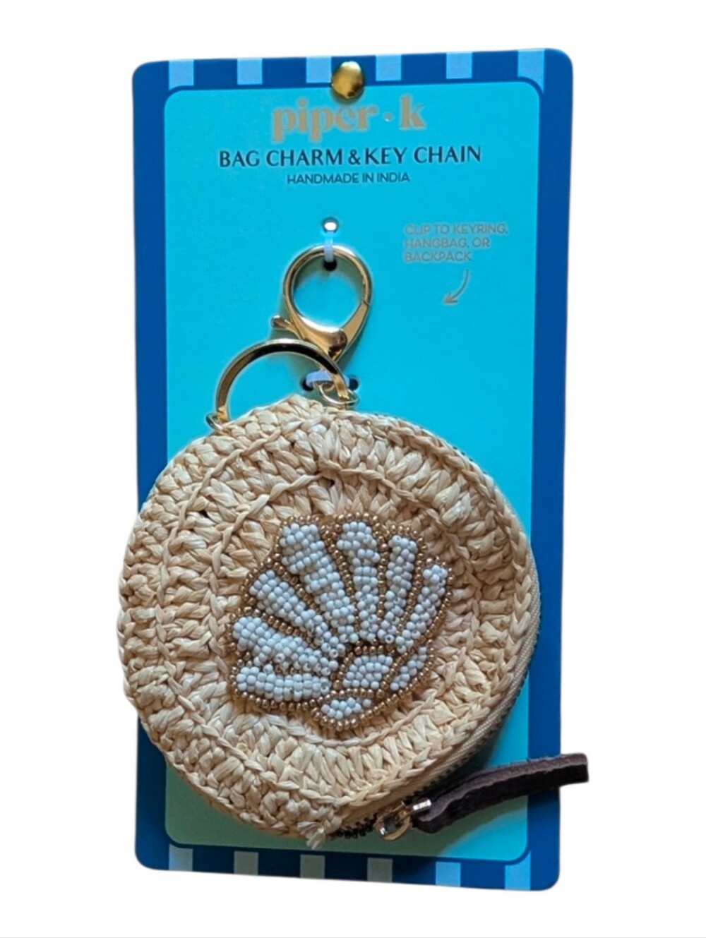 🤎▪️piper k▪️  Made In India SeaShell Print  Straw Coin Purse Keychain - Natural